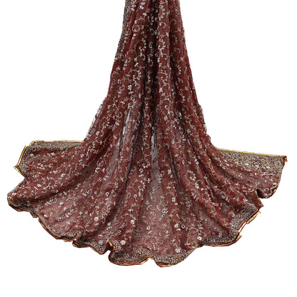 Indian Vintage Heavy Wedding Maroon Dupatta Net Mesh Long Stole Hand Embroidered Scarves Golden Zardozi Zari Sequins Dridal Veil Hijab