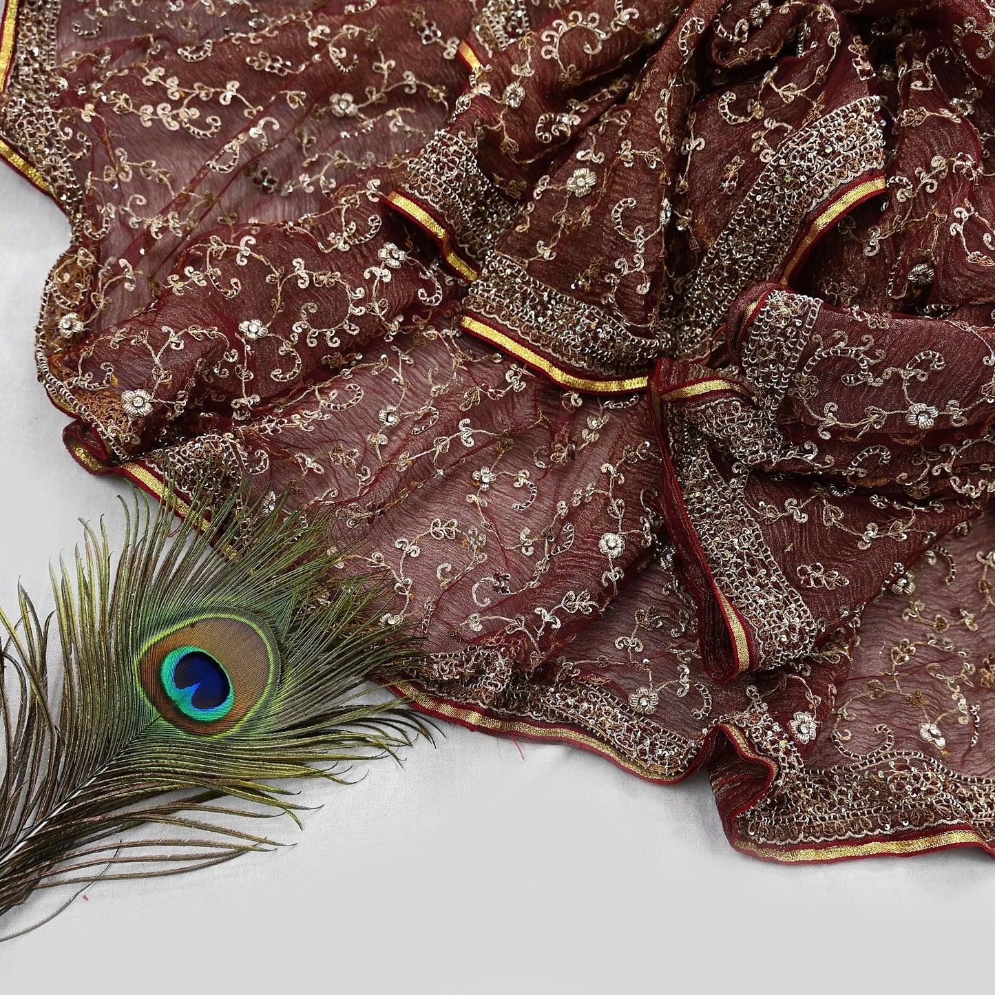 Indian Vintage Heavy Wedding Maroon Dupatta Net Mesh Long Stole Hand Embroidered Scarves Golden Zardozi Zari Sequins Dridal Veil Hijab