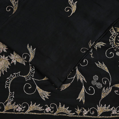 Indian Vintage Black Saree Pure Silk Hand Embroidered Sari Craft Fabric 5Yd Sewing Soft Zardozi/Dabka Dress making With Blouse Pcs