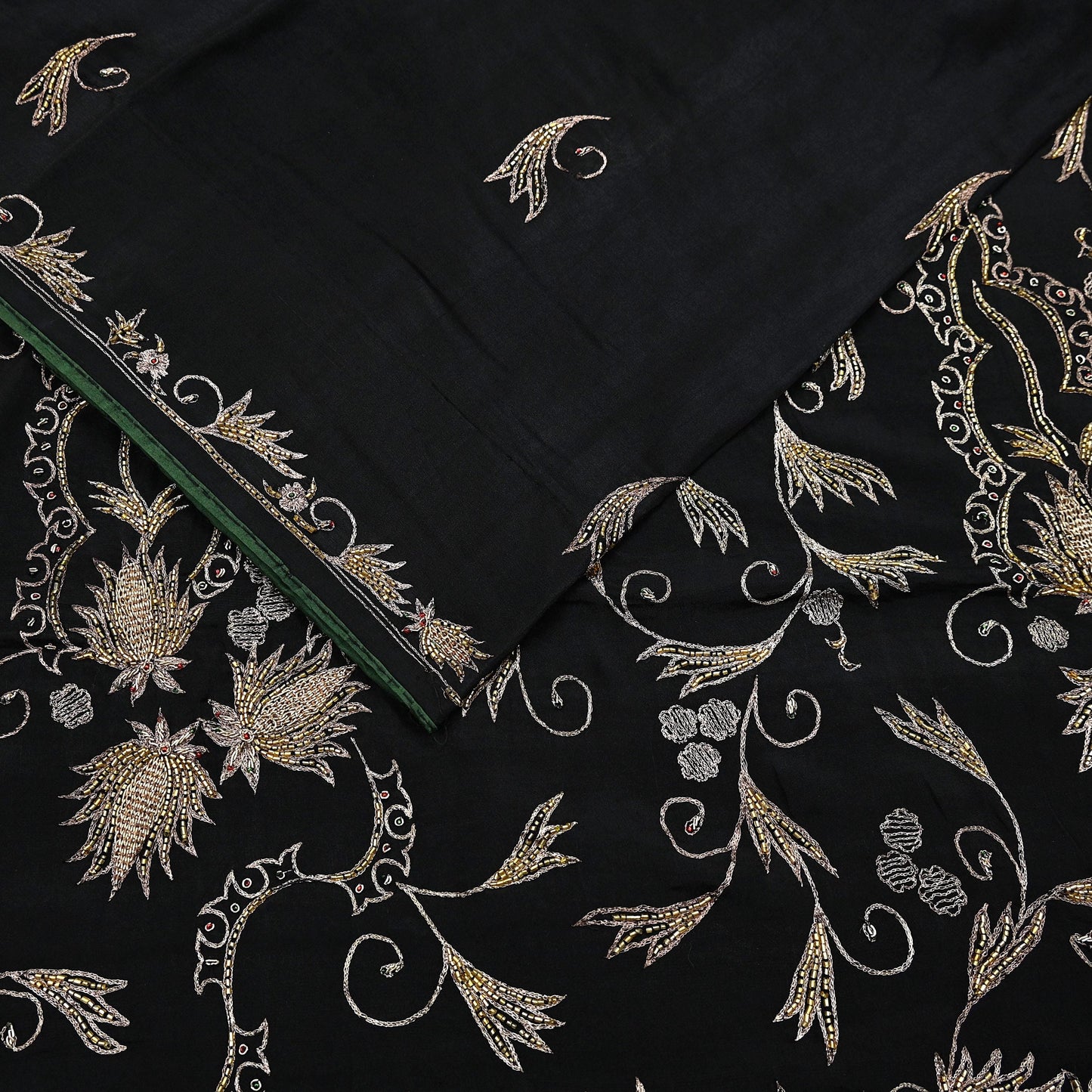 Indian Vintage Black Saree Pure Silk Hand Embroidered Sari Craft Fabric 5Yd Sewing Soft Zardozi/Dabka Dress making With Blouse Pcs
