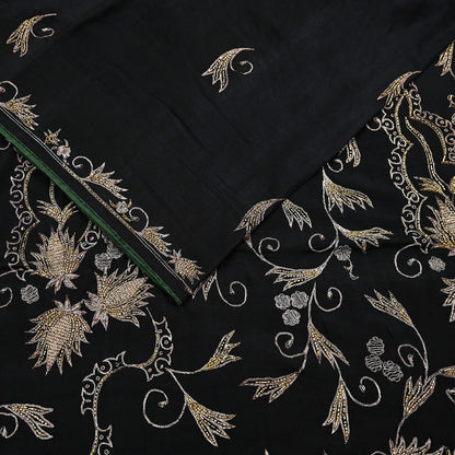Indian Vintage Black Saree Pure Silk Hand Embroidered Sari Craft Fabric 5Yd Sewing Soft Zardozi/Dabka Dress making With Blouse Pcs