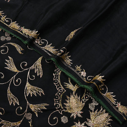 Indian Vintage Black Saree Pure Silk Hand Embroidered Sari Craft Fabric 5Yd Sewing Soft Zardozi/Dabka Dress making With Blouse Pcs