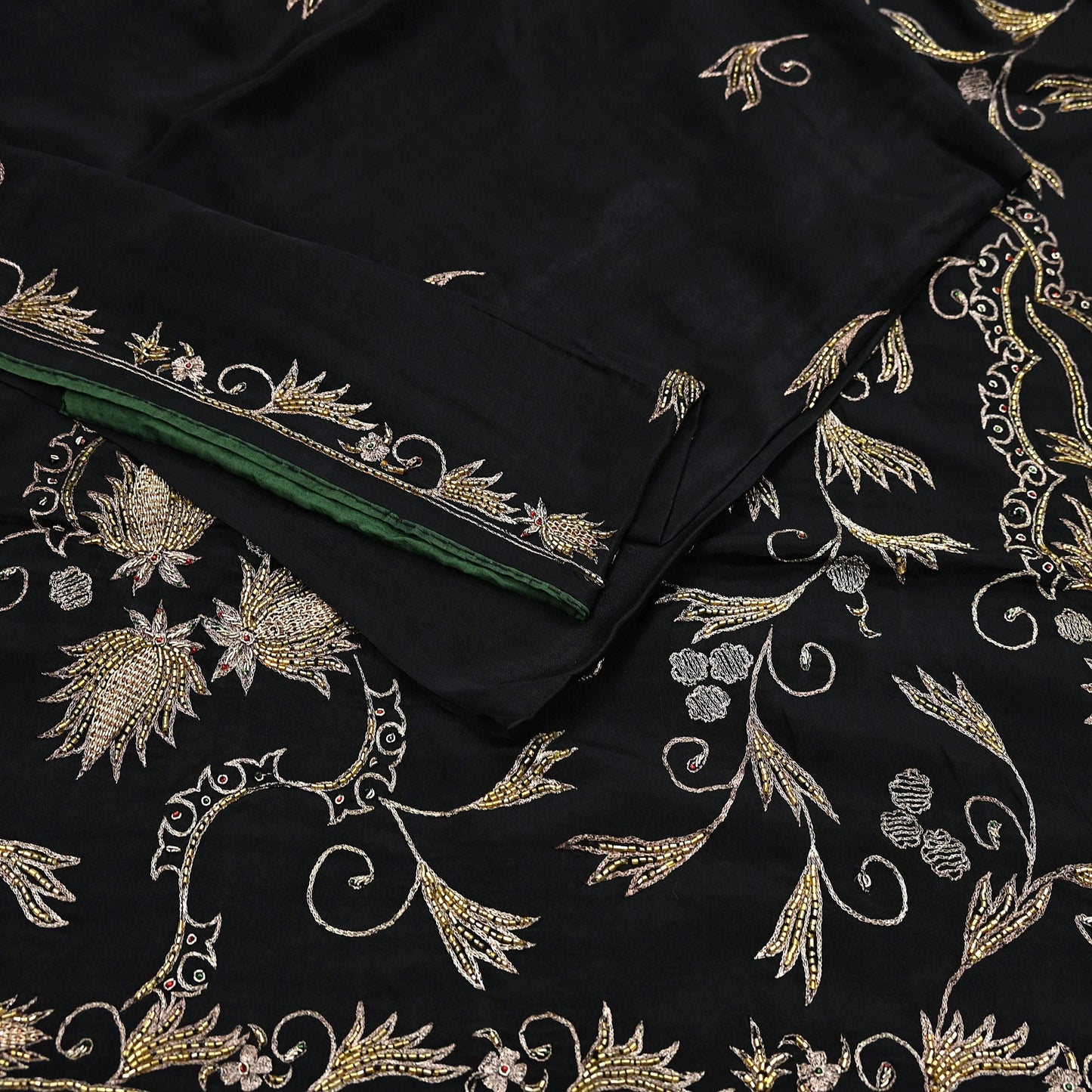 Indian Vintage Black Saree Pure Silk Hand Embroidered Sari Craft Fabric 5Yd Sewing Soft Zardozi/Dabka Dress making With Blouse Pcs