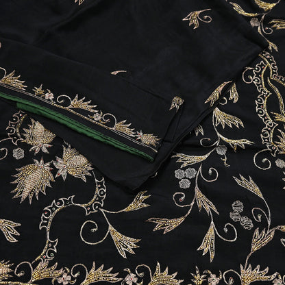 Indian Vintage Black Saree Pure Silk Hand Embroidered Sari Craft Fabric 5Yd Sewing Soft Zardozi/Dabka Dress making With Blouse Pcs