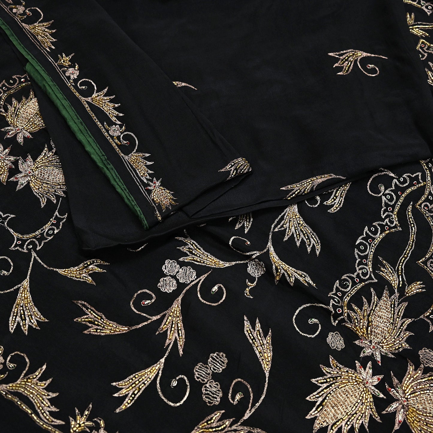 Indian Vintage Black Saree Pure Silk Hand Embroidered Sari Craft Fabric 5Yd Sewing Soft Zardozi/Dabka Dress making With Blouse Pcs