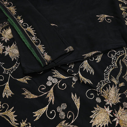 Indian Vintage Black Saree Pure Silk Hand Embroidered Sari Craft Fabric 5Yd Sewing Soft Zardozi/Dabka Dress making With Blouse Pcs