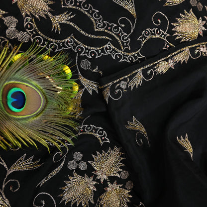 Indian Vintage Black Saree Pure Silk Hand Embroidered Sari Craft Fabric 5Yd Sewing Soft Zardozi/Dabka Dress making With Blouse Pcs