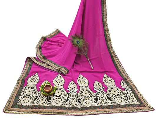 Indian Vintage Heavy Sari Pink Pure Georgette Silk Hand Embroidered Sarees Craft Fabric 5Yd Sewing Ethnic Bollywood saree