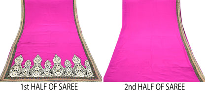 Indian Vintage Heavy Sari Pink Pure Georgette Silk Hand Embroidered Sarees Craft Fabric 5Yd Sewing Ethnic Bollywood saree
