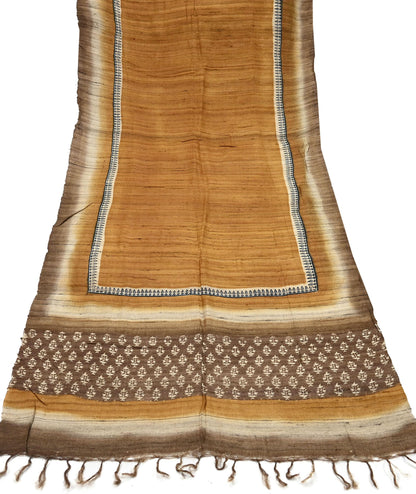 Indian Vintage Brown & Mustard Dupatta Long Stole 100% Pure Khadi Silk Hand Woven/ Printed Scarves Veil Scarf Wrap Hippie Fringes