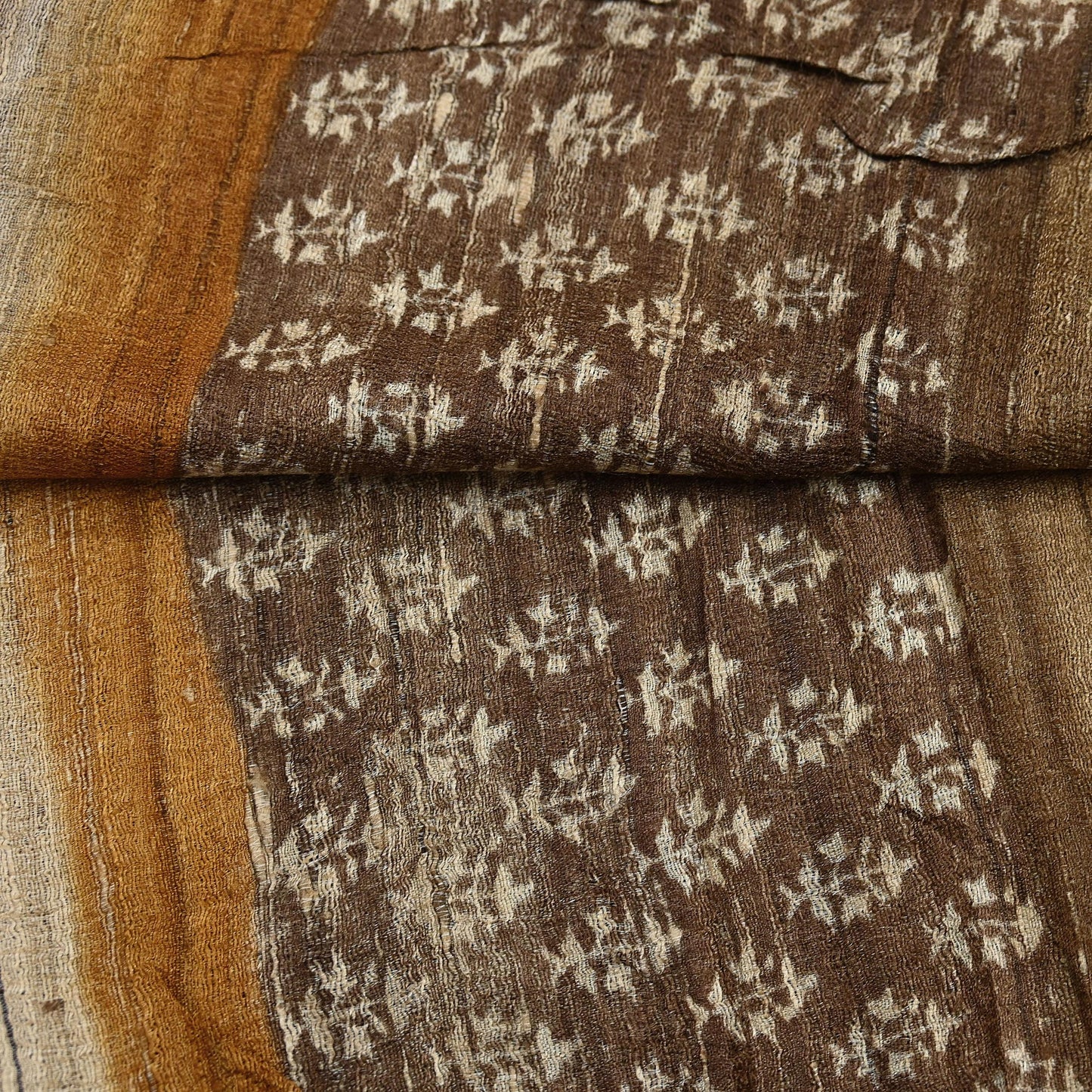 Indian Vintage Brown & Mustard Dupatta Long Stole 100% Pure Khadi Silk Hand Woven/ Printed Scarves Veil Scarf Wrap Hippie Fringes