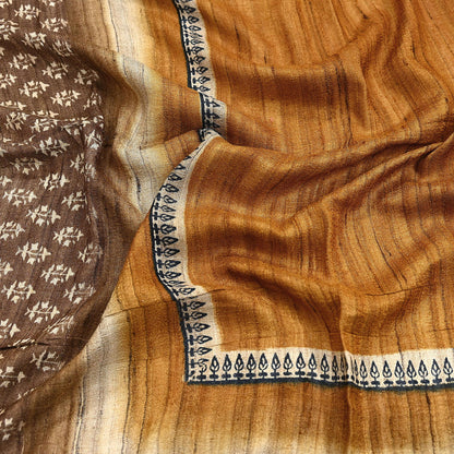 Indian Vintage Brown & Mustard Dupatta Long Stole 100% Pure Khadi Silk Hand Woven/ Printed Scarves Veil Scarf Wrap Hippie Fringes