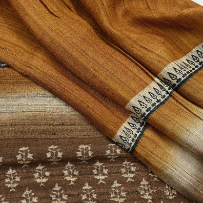 Indian Vintage Brown & Mustard Dupatta Long Stole 100% Pure Khadi Silk Hand Woven/ Printed Scarves Veil Scarf Wrap Hippie Fringes