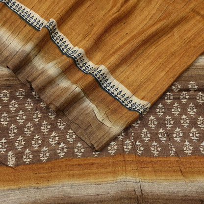 Indian Vintage Brown & Mustard Dupatta Long Stole 100% Pure Khadi Silk Hand Woven/ Printed Scarves Veil Scarf Wrap Hippie Fringes