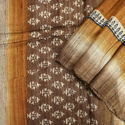 Indian Vintage Brown & Mustard Dupatta Long Stole 100% Pure Khadi Silk Hand Woven/ Printed Scarves Veil Scarf Wrap Hippie Fringes