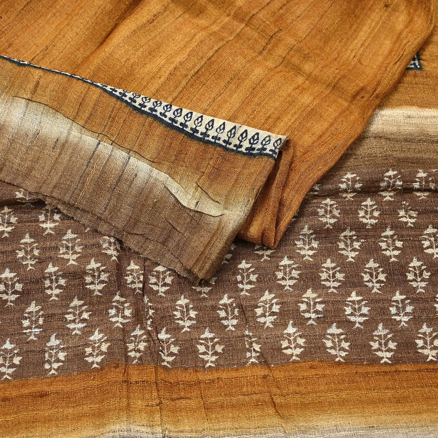 Indian Vintage Brown & Mustard Dupatta Long Stole 100% Pure Khadi Silk Hand Woven/ Printed Scarves Veil Scarf Wrap Hippie Fringes