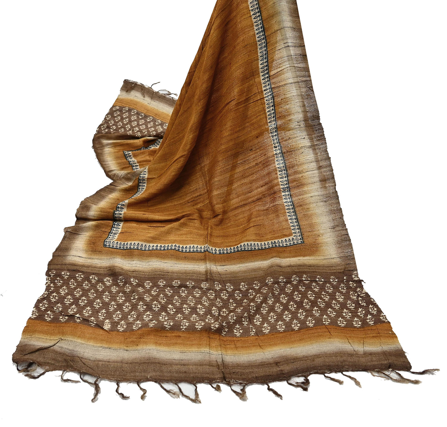 Indian Vintage Brown & Mustard Dupatta Long Stole 100% Pure Khadi Silk Hand Woven/ Printed Scarves Veil Scarf Wrap Hippie Fringes