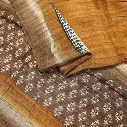 Indian Vintage Brown & Mustard Dupatta Long Stole 100% Pure Khadi Silk Hand Woven/ Printed Scarves Veil Scarf Wrap Hippie Fringes