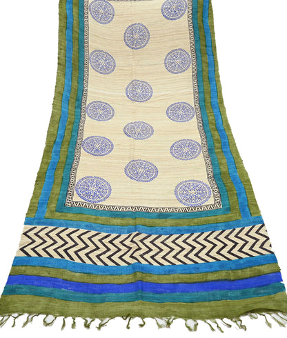 Indian Vintage Beige & Green Dupatta Long Stole 100% Pure Khadi Silk Hand Woven/ Printed Scarves Veil Scarf Wrap Hippie Fringes