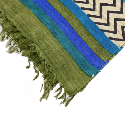 Indian Vintage Beige & Green Dupatta Long Stole 100% Pure Khadi Silk Hand Woven/ Printed Scarves Veil Scarf Wrap Hippie Fringes