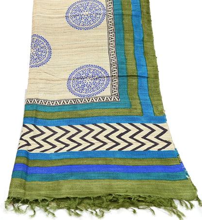 Indian Vintage Beige & Green Dupatta Long Stole 100% Pure Khadi Silk Hand Woven/ Printed Scarves Veil Scarf Wrap Hippie Fringes