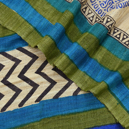 Indian Vintage Beige & Green Dupatta Long Stole 100% Pure Khadi Silk Hand Woven/ Printed Scarves Veil Scarf Wrap Hippie Fringes