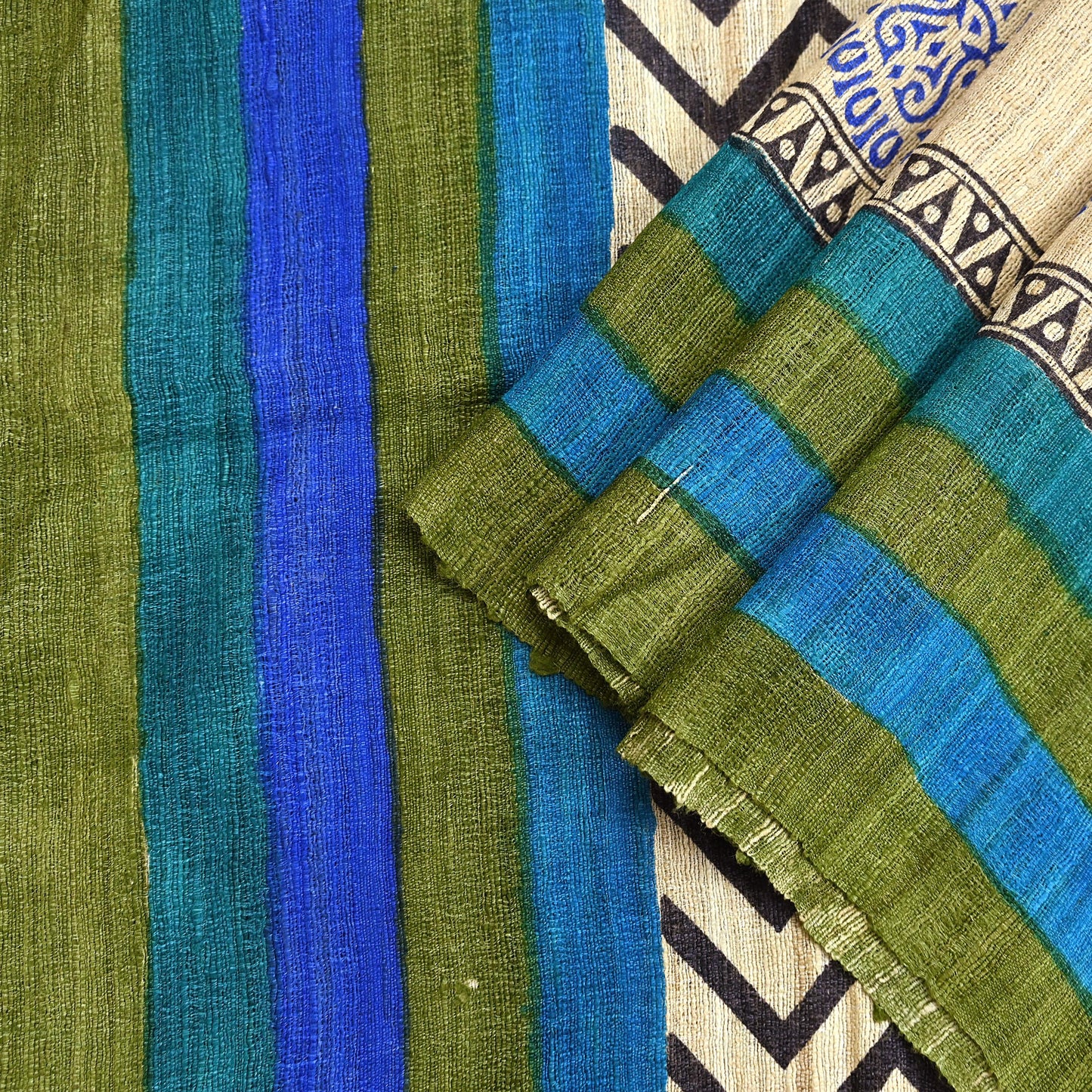 Indian Vintage Beige & Green Dupatta Long Stole 100% Pure Khadi Silk Hand Woven/ Printed Scarves Veil Scarf Wrap Hippie Fringes