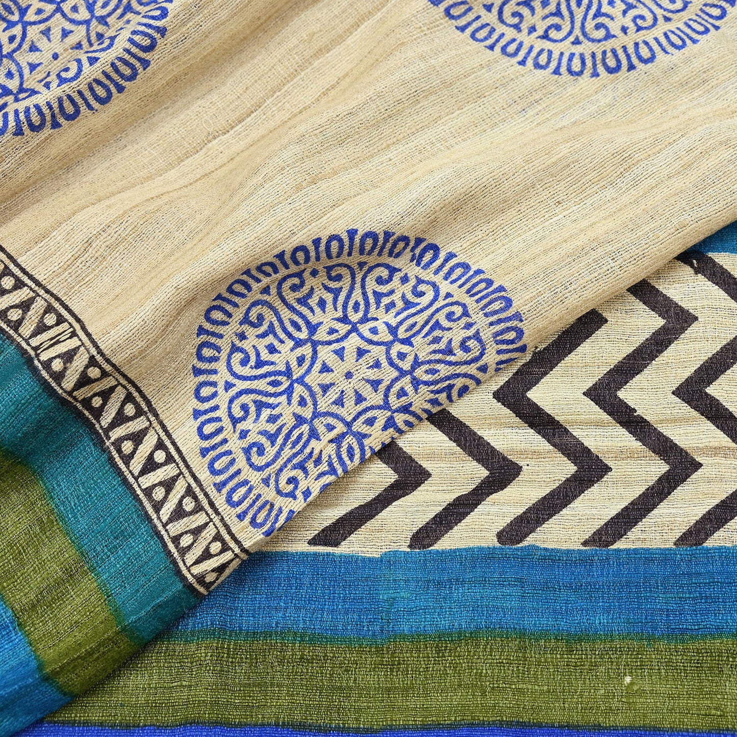 Indian Vintage Beige & Green Dupatta Long Stole 100% Pure Khadi Silk Hand Woven/ Printed Scarves Veil Scarf Wrap Hippie Fringes