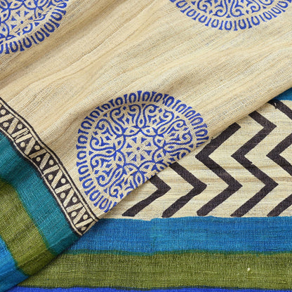 Indian Vintage Beige & Green Dupatta Long Stole 100% Pure Khadi Silk Hand Woven/ Printed Scarves Veil Scarf Wrap Hippie Fringes