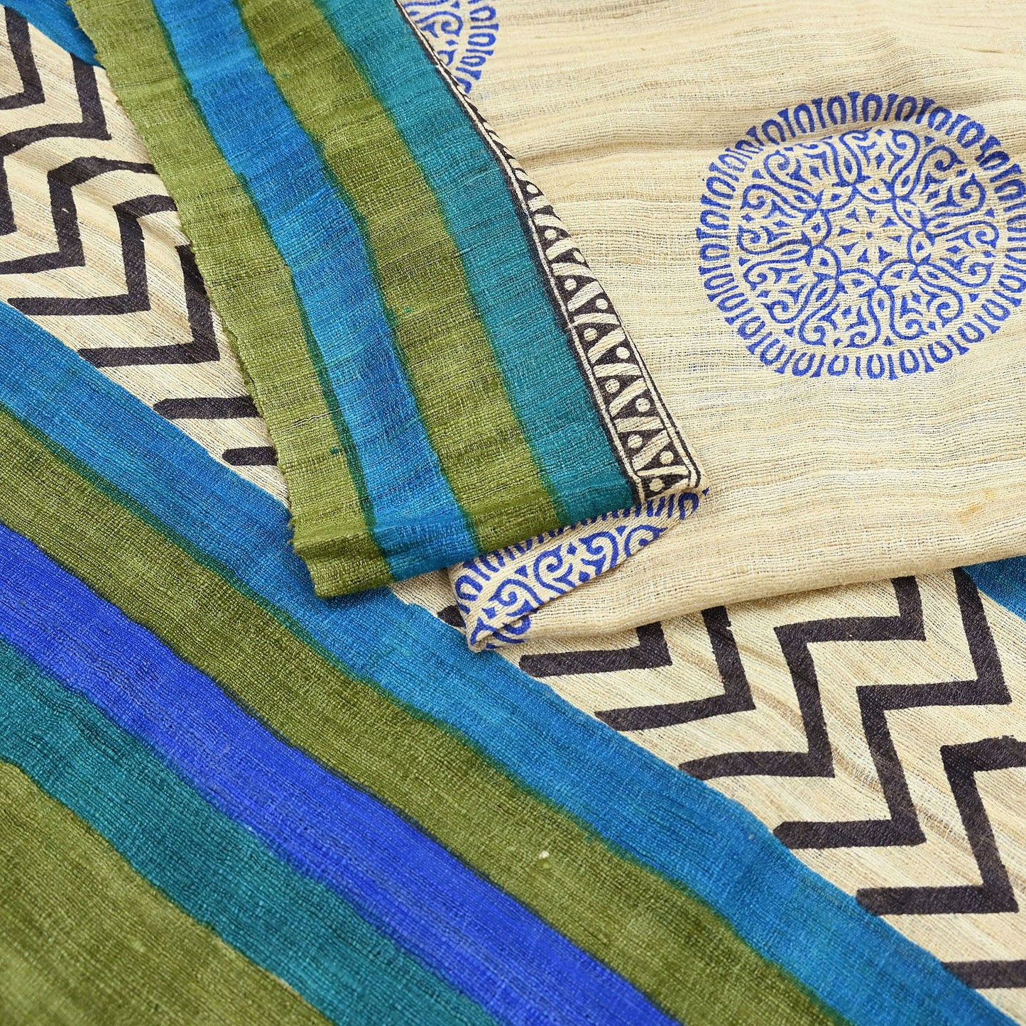 Indian Vintage Beige & Green Dupatta Long Stole 100% Pure Khadi Silk Hand Woven/ Printed Scarves Veil Scarf Wrap Hippie Fringes