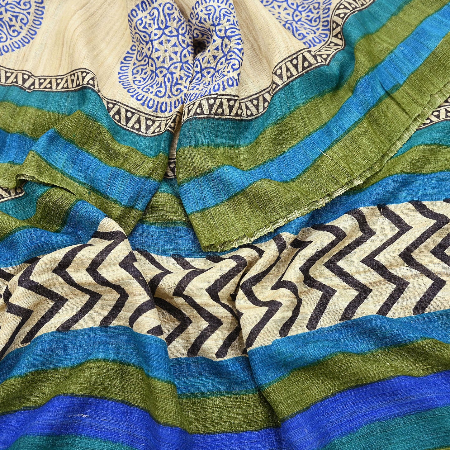 Indian Vintage Beige & Green Dupatta Long Stole 100% Pure Khadi Silk Hand Woven/ Printed Scarves Veil Scarf Wrap Hippie Fringes