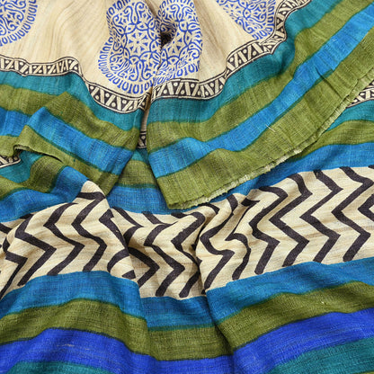 Indian Vintage Beige & Green Dupatta Long Stole 100% Pure Khadi Silk Hand Woven/ Printed Scarves Veil Scarf Wrap Hippie Fringes