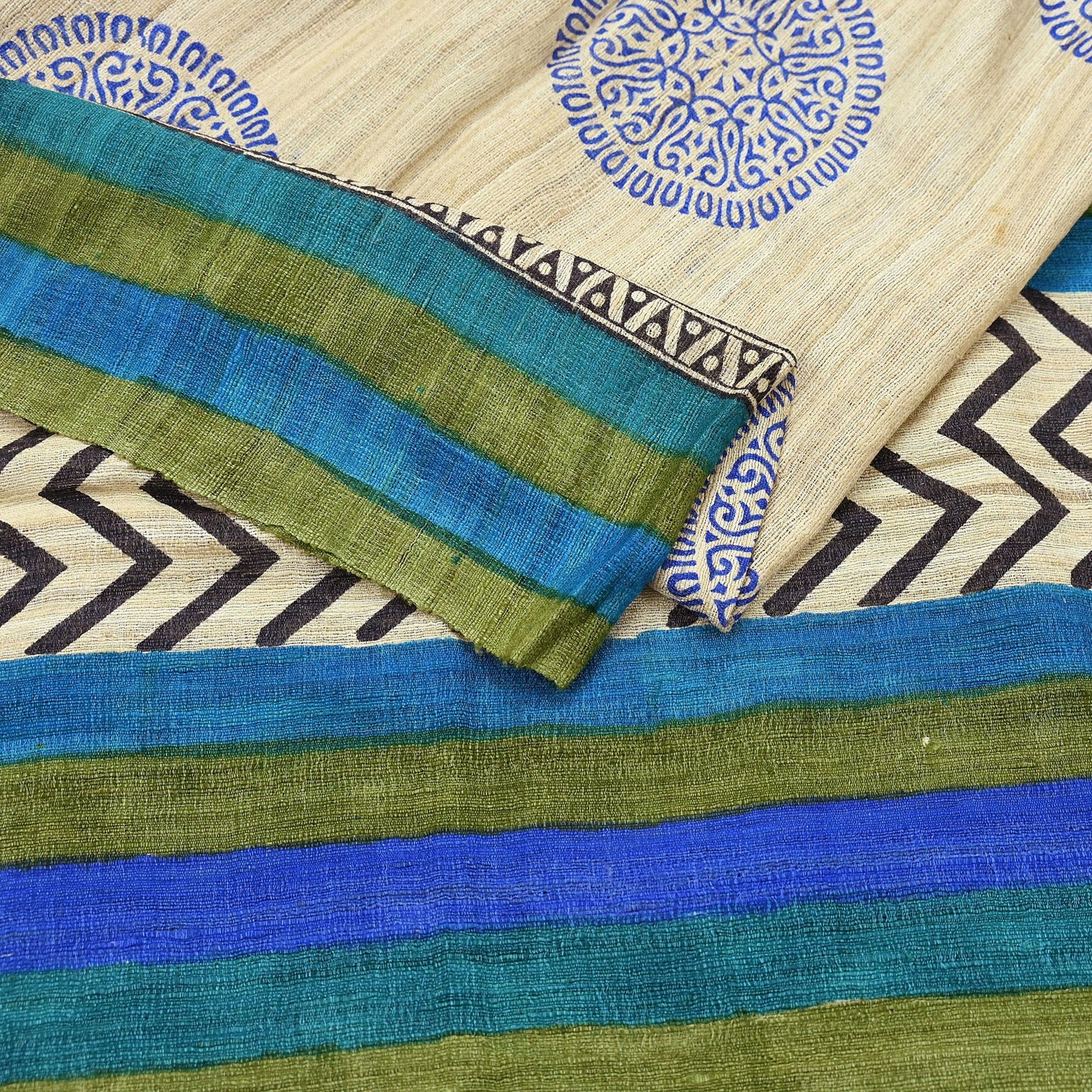 Indian Vintage Beige & Green Dupatta Long Stole 100% Pure Khadi Silk Hand Woven/ Printed Scarves Veil Scarf Wrap Hippie Fringes