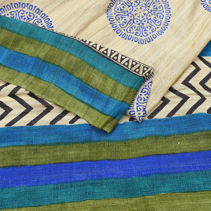 Indian Vintage Beige & Green Dupatta Long Stole 100% Pure Khadi Silk Hand Woven/ Printed Scarves Veil Scarf Wrap Hippie Fringes