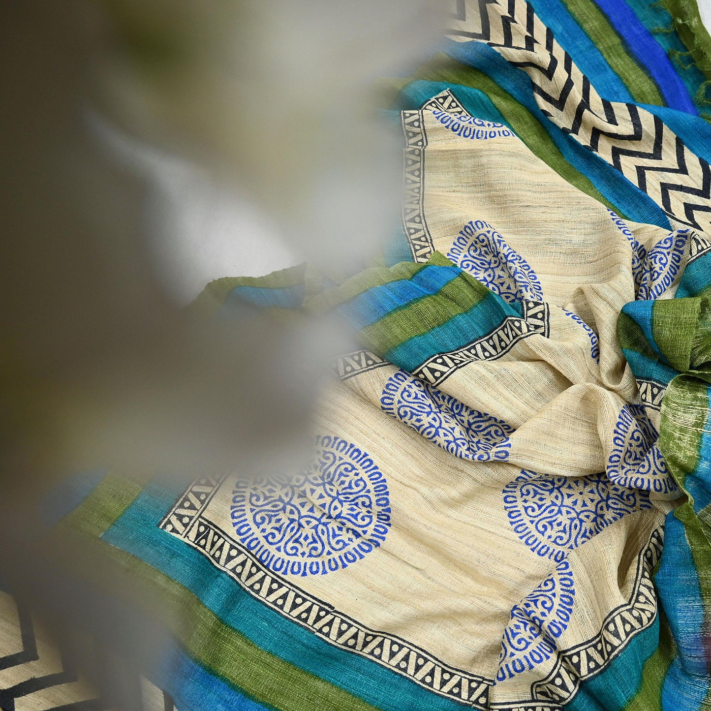 Indian Vintage Beige & Green Dupatta Long Stole 100% Pure Khadi Silk Hand Woven/ Printed Scarves Veil Scarf Wrap Hippie Fringes