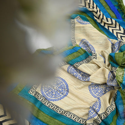 Indian Vintage Beige & Green Dupatta Long Stole 100% Pure Khadi Silk Hand Woven/ Printed Scarves Veil Scarf Wrap Hippie Fringes