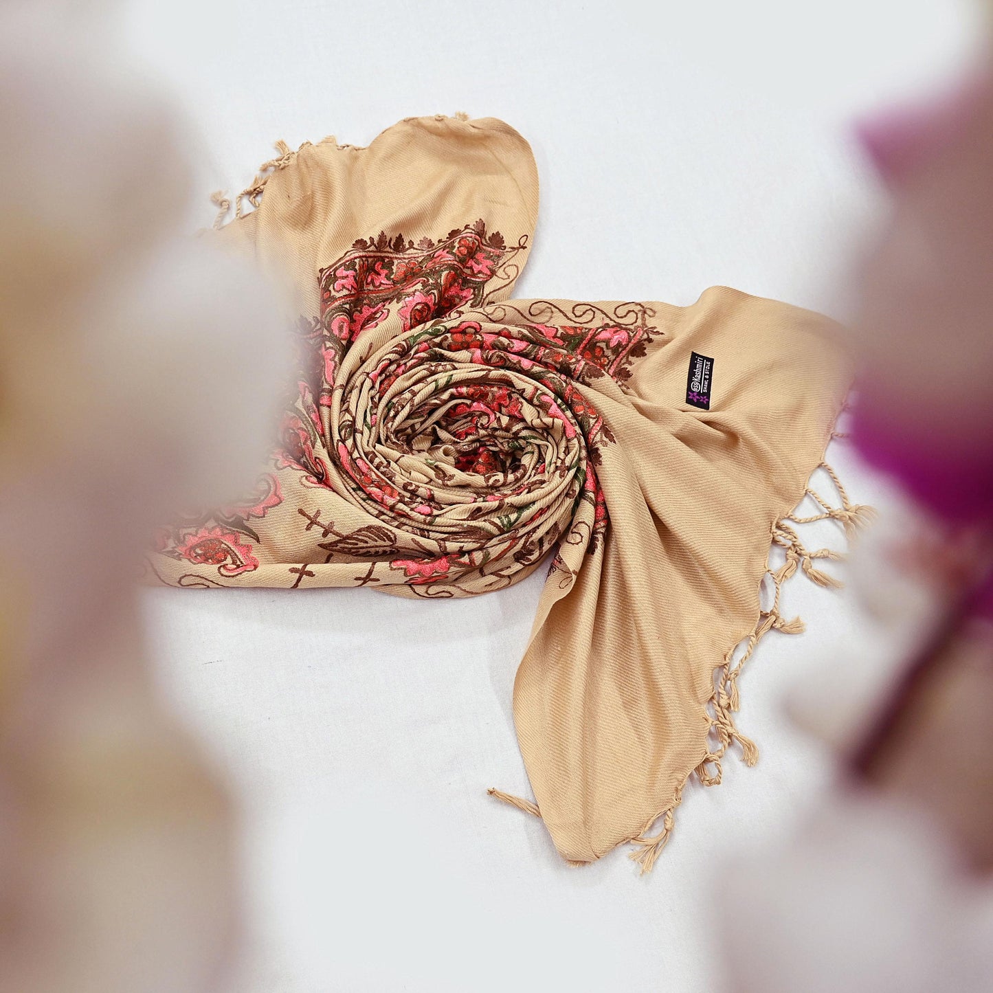 Vintage Stole Beige woolen Handmade Ari work Long Throw Warm Stole Floral Design Fringes