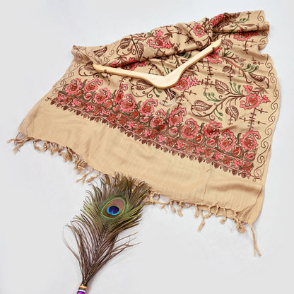Vintage Stole Beige woolen Handmade Ari work Long Throw Warm Stole Floral Design Fringes