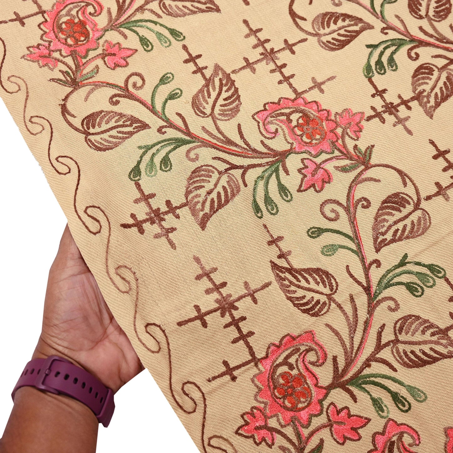 Vintage Stole Beige woolen Handmade Ari work Long Throw Warm Stole Floral Design Fringes