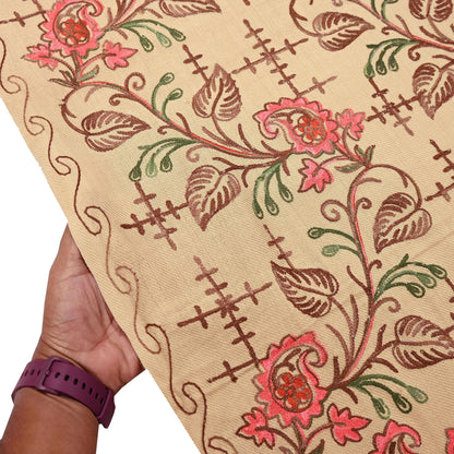 Vintage Stole Beige woolen Handmade Ari work Long Throw Warm Stole Floral Design Fringes