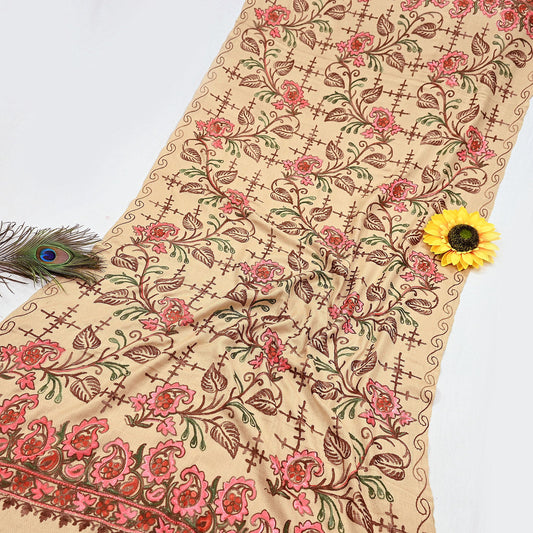 Vintage Stole Beige woolen Handmade Ari work Long Throw Warm Stole Floral Design Fringes