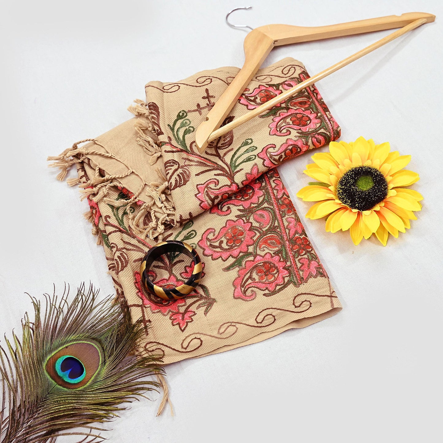Vintage Stole Beige woolen Handmade Ari work Long Throw Warm Stole Floral Design Fringes