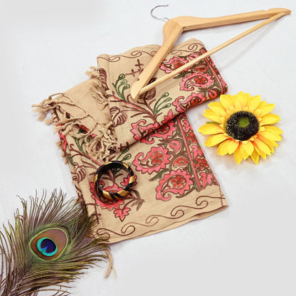 Vintage Stole Beige woolen Handmade Ari work Long Throw Warm Stole Floral Design Fringes