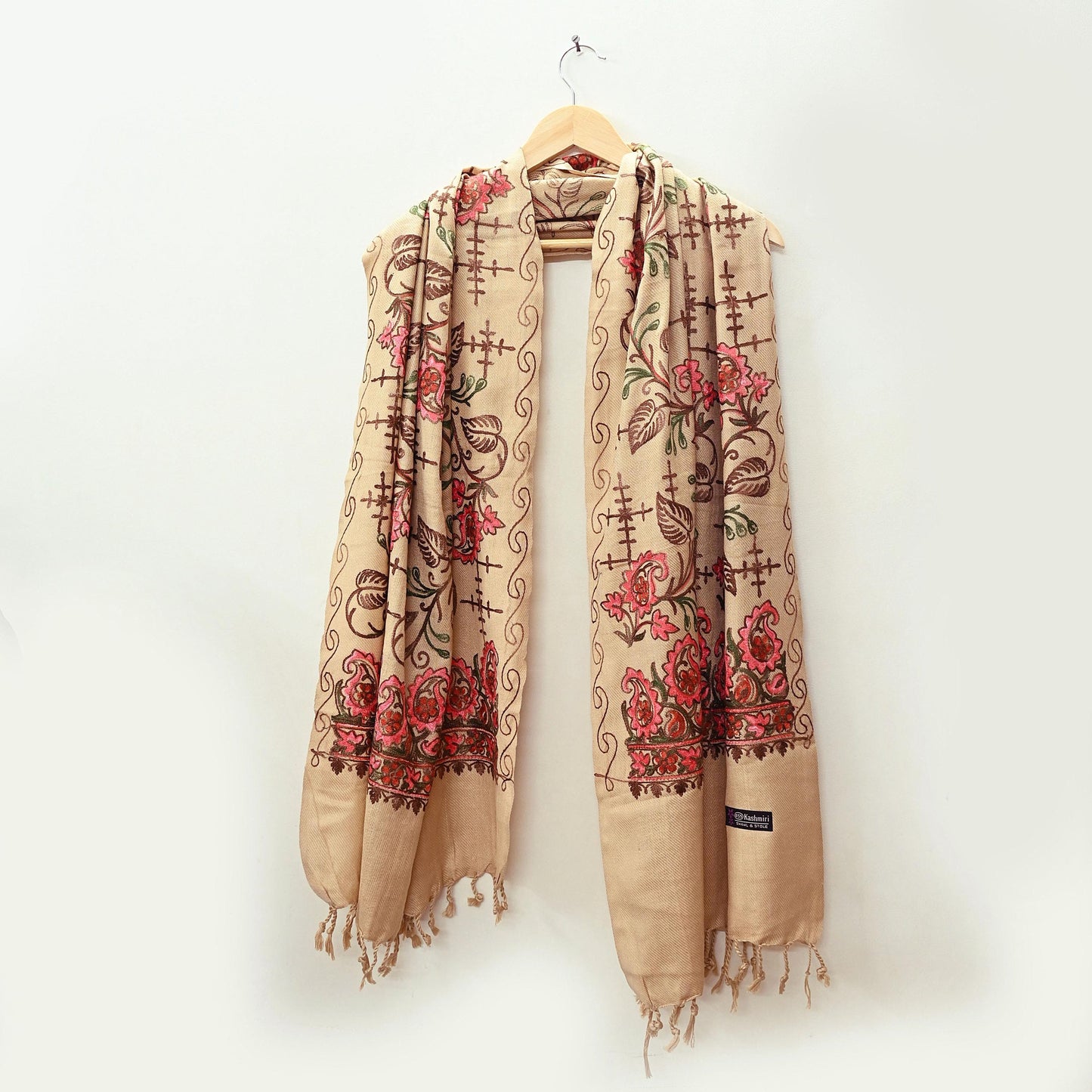 Vintage Stole Beige woolen Handmade Ari work Long Throw Warm Stole Floral Design Fringes