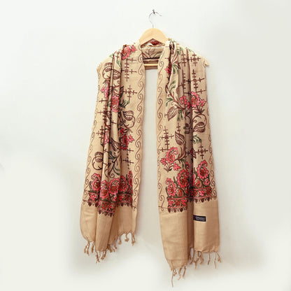 Vintage Stole Beige woolen Handmade Ari work Long Throw Warm Stole Floral Design Fringes