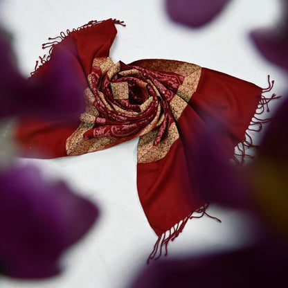 Indian Vintage Maroon Pure Woolen Shawl Handmade Ari work Long Throw Stole Warm Stole Floral Design Upcycle Crafting Used