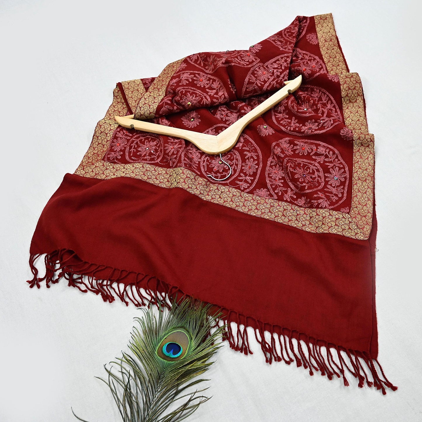 Indian Vintage Maroon Pure Woolen Shawl Handmade Ari work Long Throw Stole Warm Stole Floral Design Upcycle Crafting Used