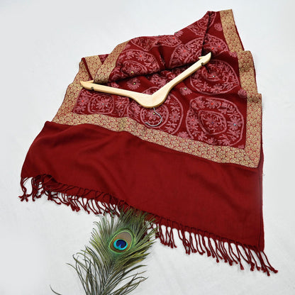 Indian Vintage Maroon Pure Woolen Shawl Handmade Ari work Long Throw Stole Warm Stole Floral Design Upcycle Crafting Used