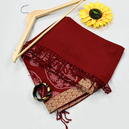 Indian Vintage Maroon Pure Woolen Shawl Handmade Ari work Long Throw Stole Warm Stole Floral Design Upcycle Crafting Used