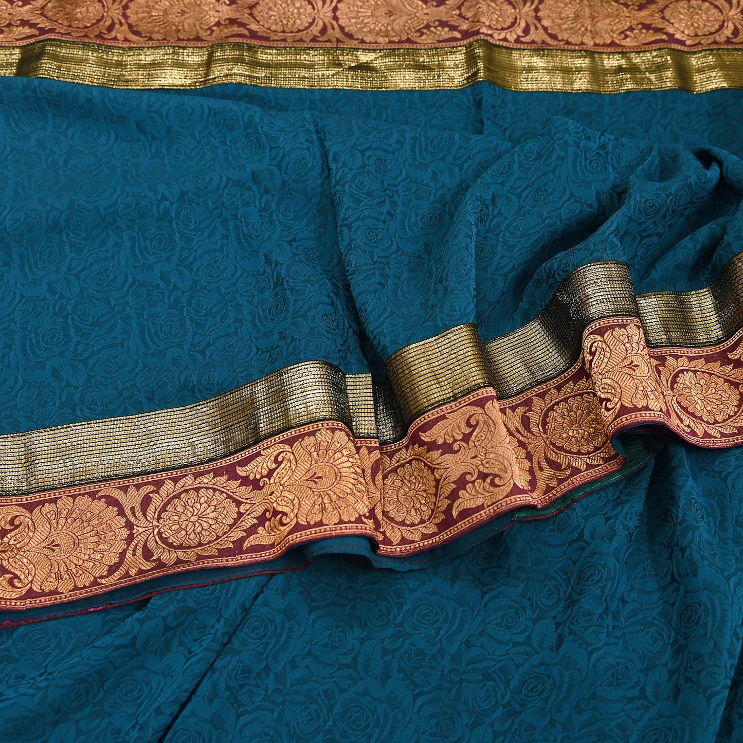 Indian Vintage Sari Teal Blue Pure Crepe Silk Hand Woven Sarees 5yd Sewing Craft Fabric Zari Border Dress making Crafting Quilting